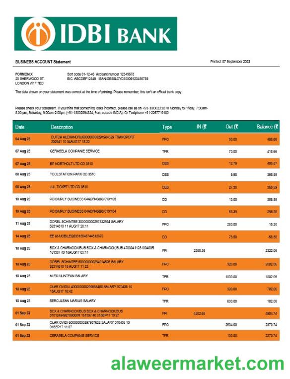 IDBI Bank enterprise account statement Word and PDF template